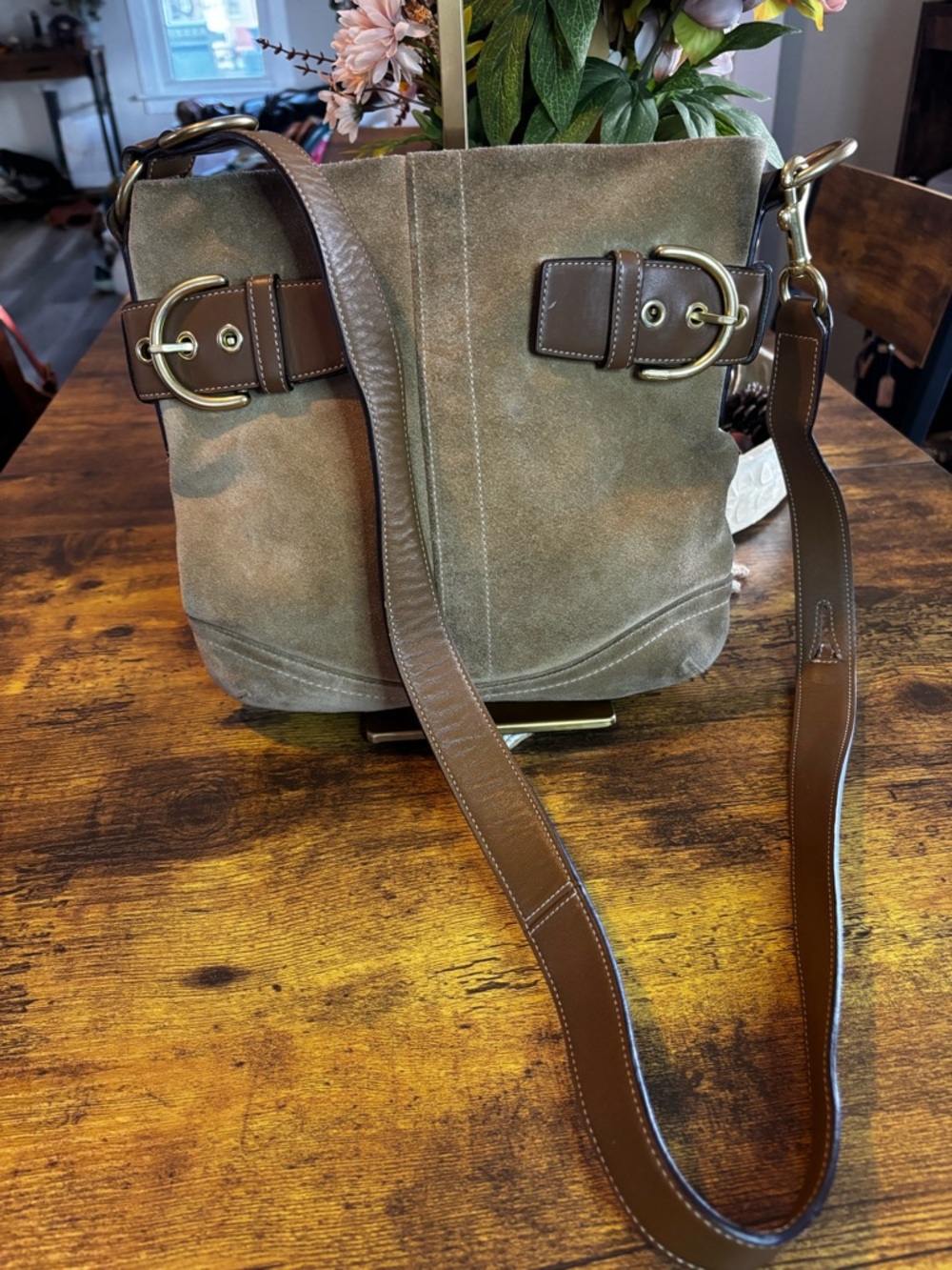 Coach 1483 Suede Leather Buckle Crossbody Bag Brown Tan Y2K